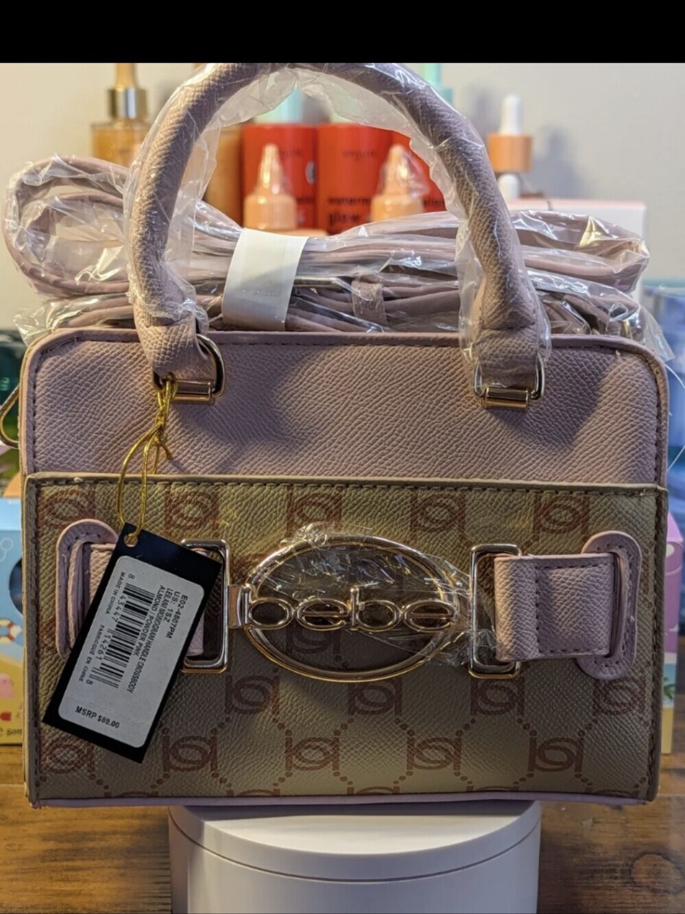 bebe Blush Pink and Beige Logo Satchel with Gold Accent